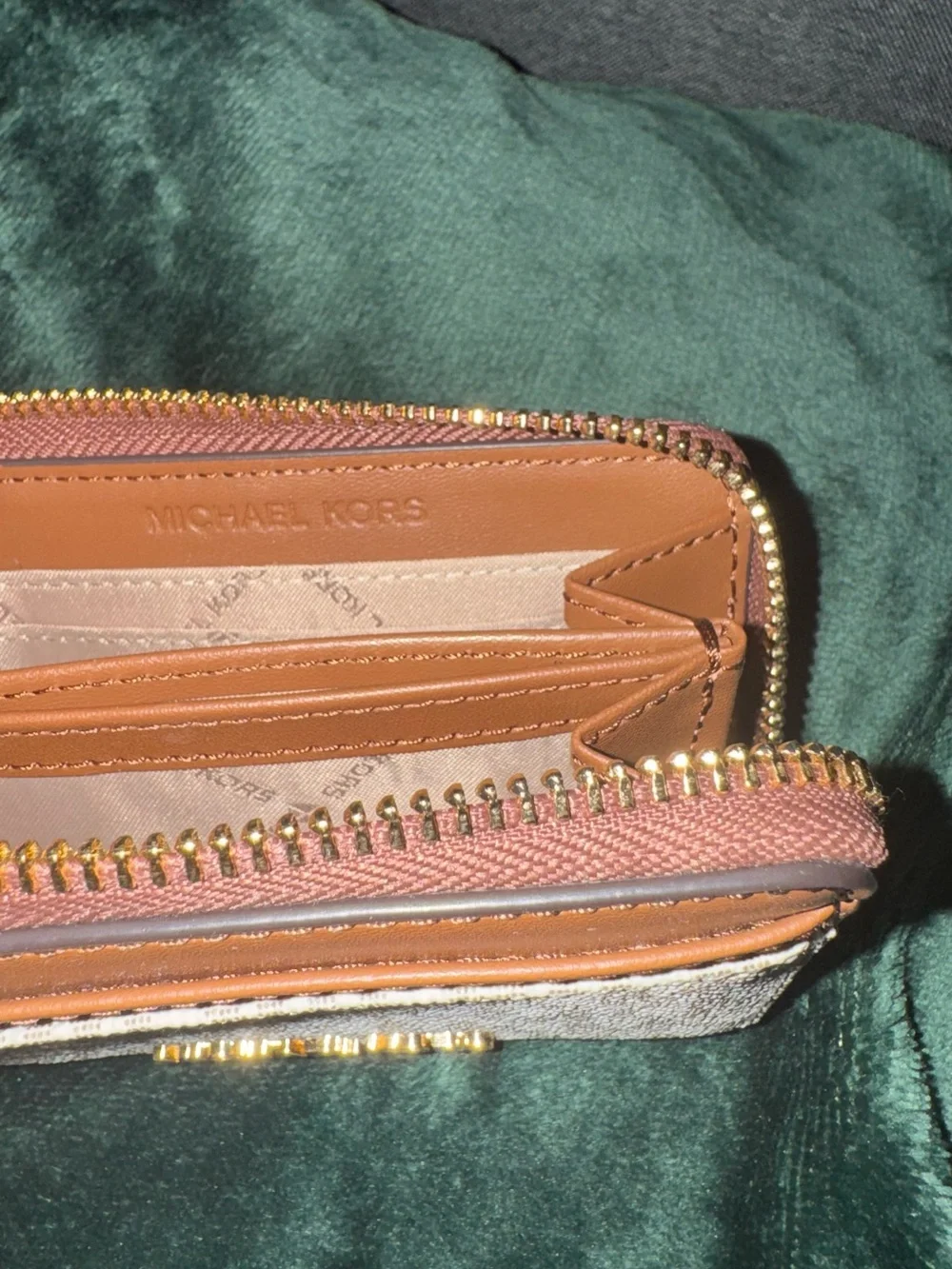 Michael Kors Beige Signature and Tan Leather Card Holder